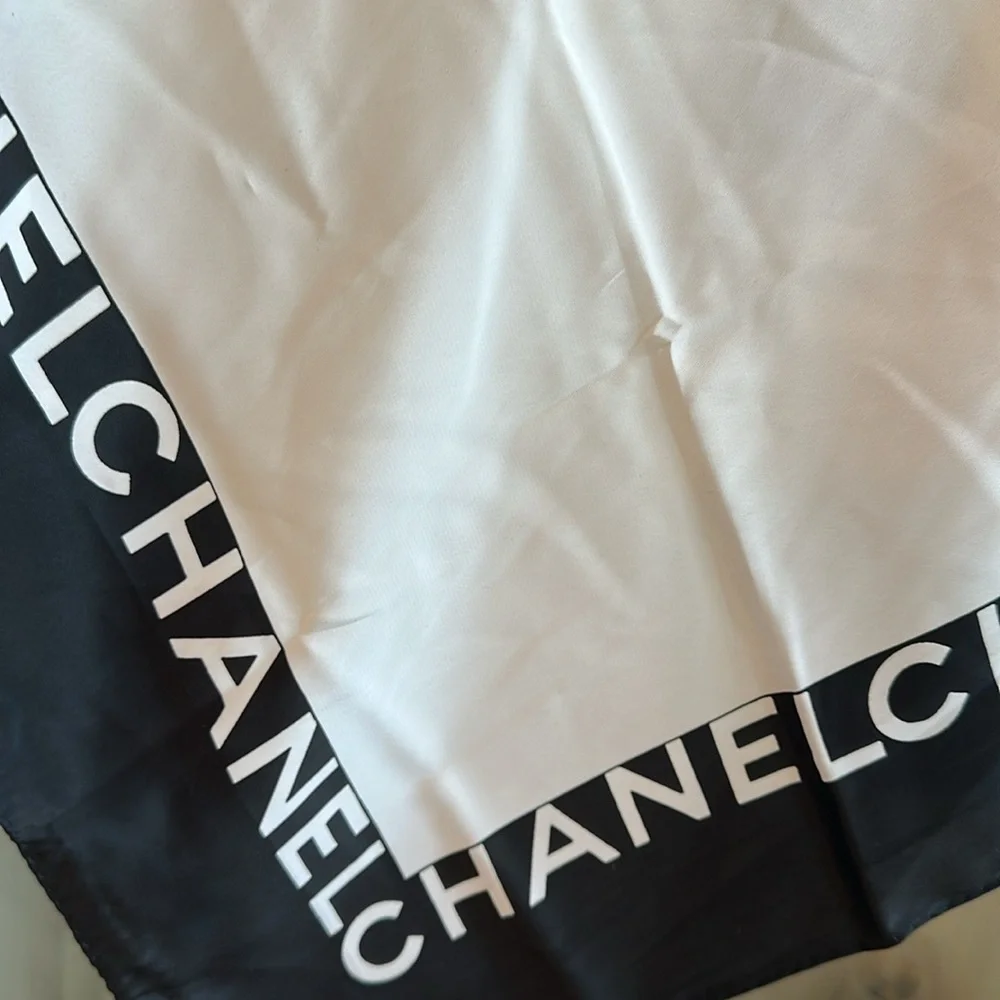 CHANEL Black White & Gold Chain Motif Silk Scarf